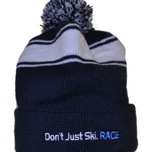 Navy and White Strip Winter Hat With Pom Pom Back