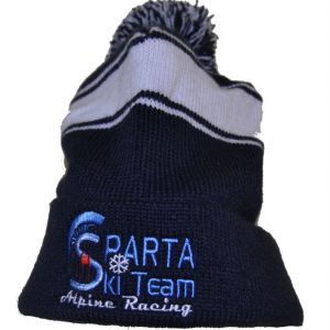 Navy and White Strip Winter Hat With Pom Pom Front